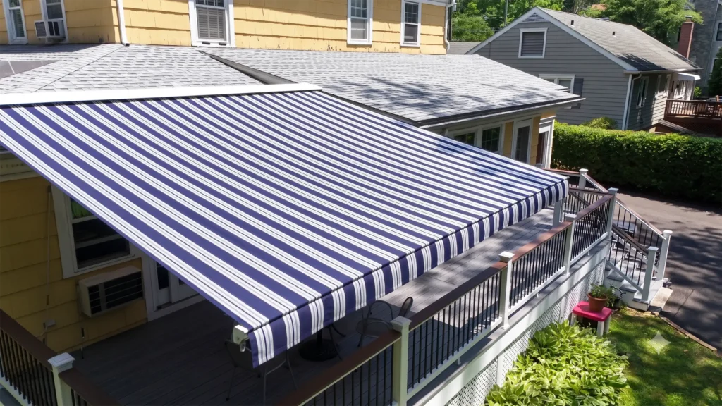 Blue and white striped awning over a wooden deck beside a yellow house, with railing and outdoor furniture underneath.