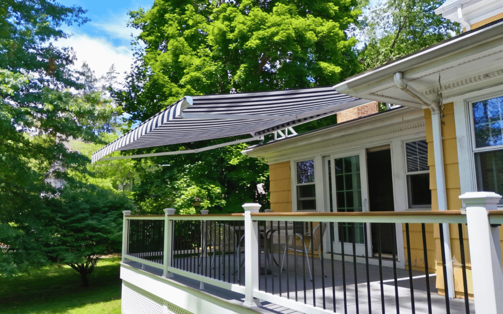 Striped retractable awning extended over a wooden porch deck of a yellow house, with white railing and lush green trees in the yard behind.